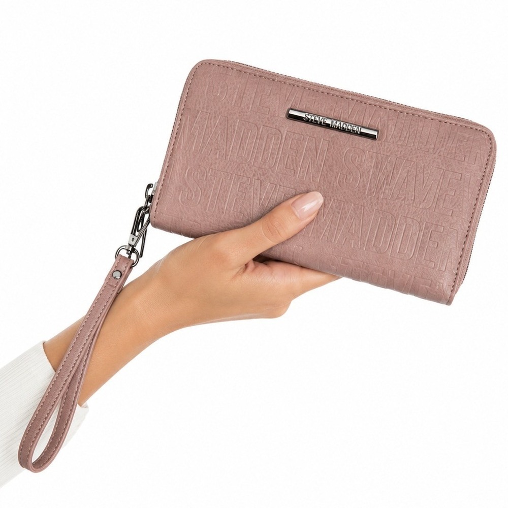 Steve Madden Blush Pink Embossed Logo Zip Around Wallet Wristlet Clutch NWT